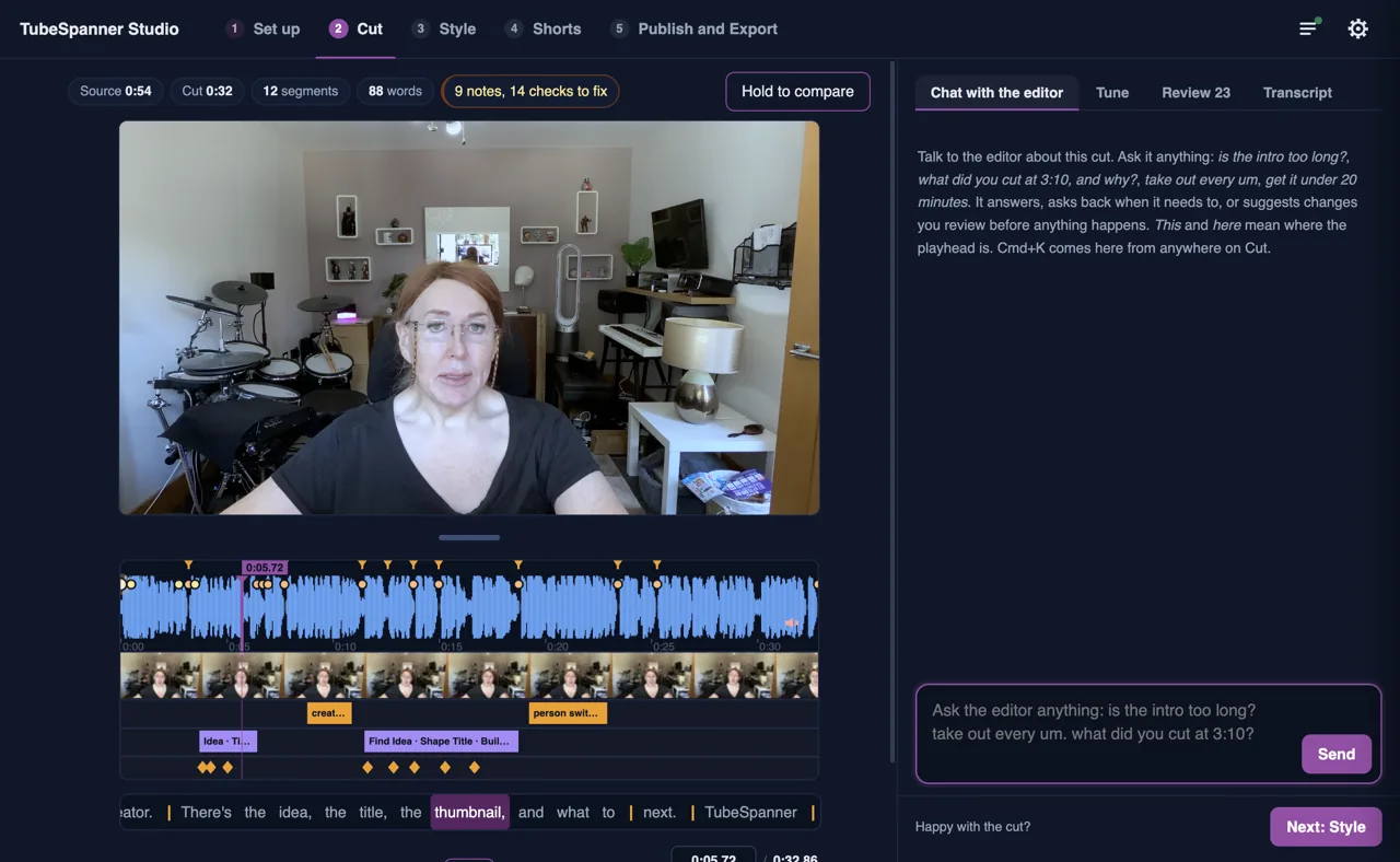 TubeSpanner Studio on its Cut page: a recording playing above its waveform and timeline, with a panel for talking to the editor beside it