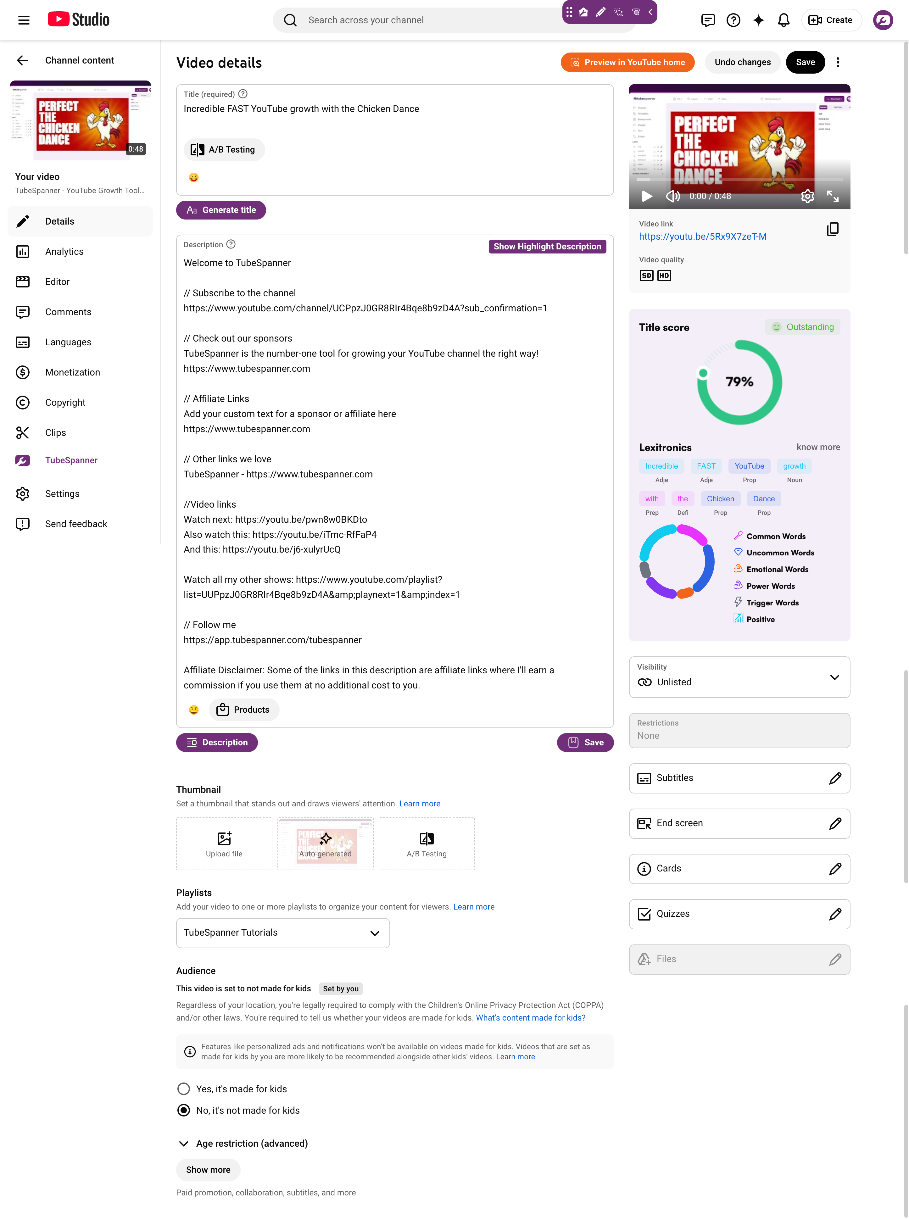 Same upload page after clicking Generate title. Title now reads 'Incredible FAST YouTube growth with the Chicken Dance', description is filled in, and Title Score has jumped to 79%.