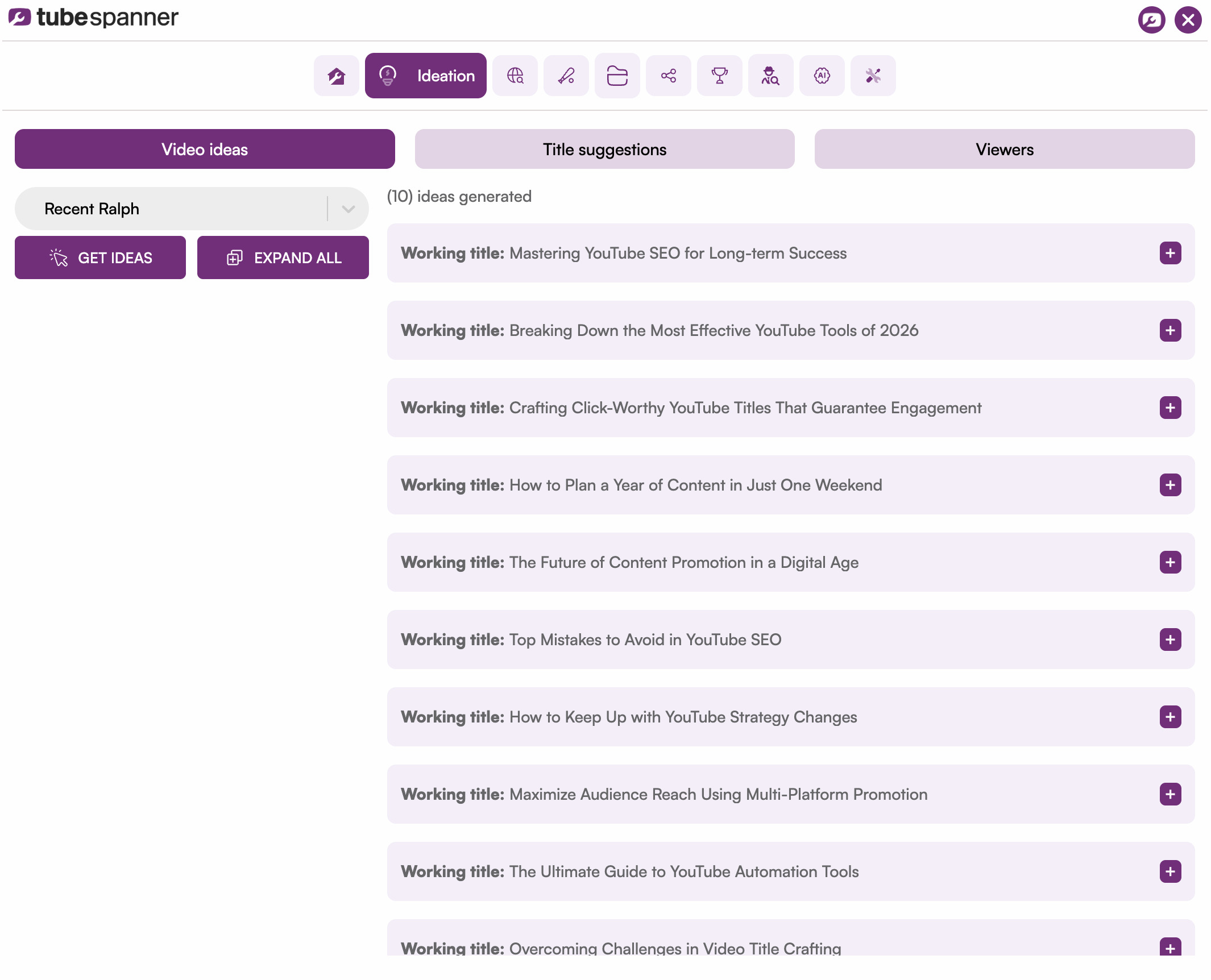 Ten video ideas generated for the selected audience